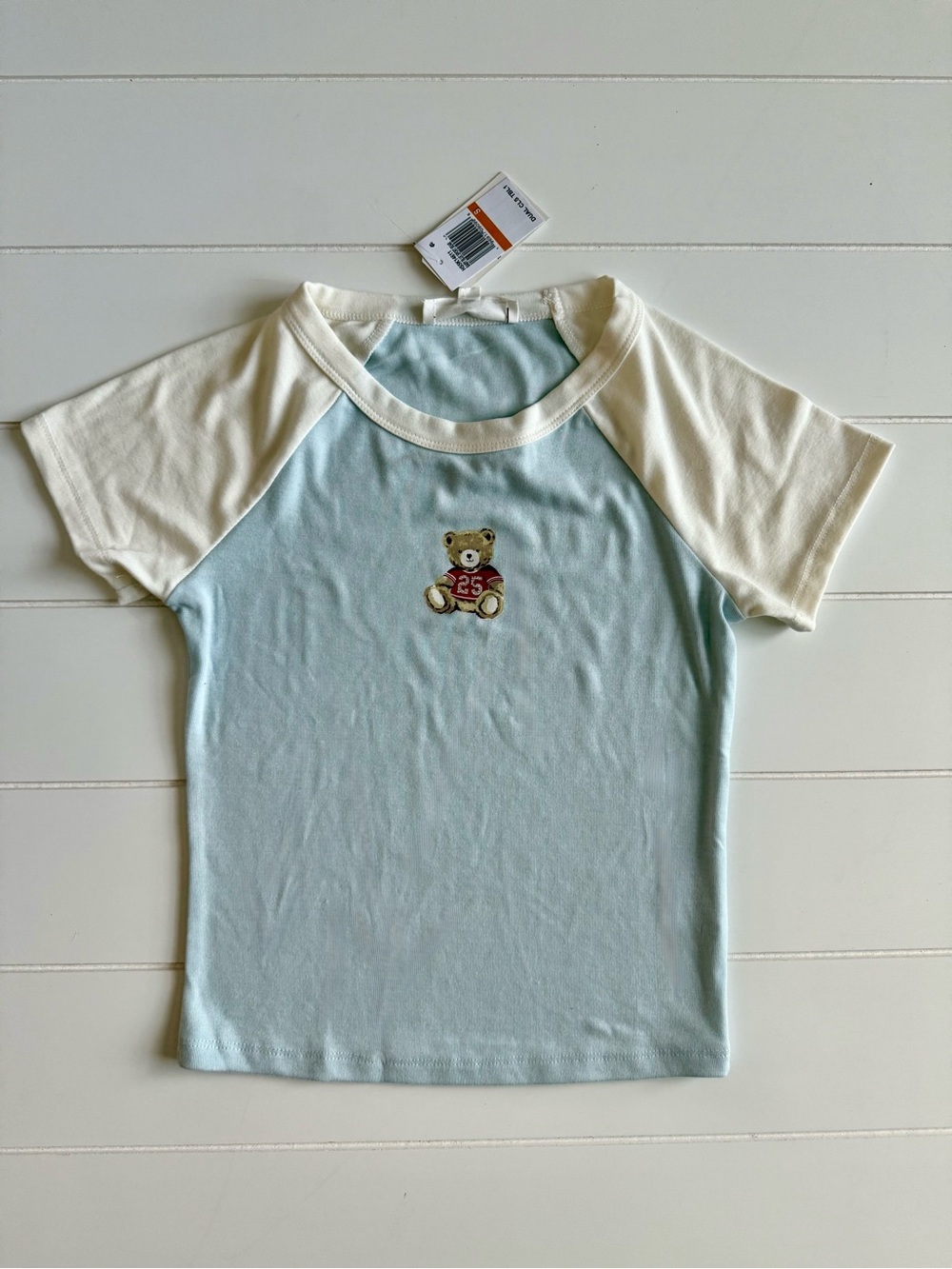 Juniors NWT Raglan Tee with Teddy Patch - Light Blue & Cream
